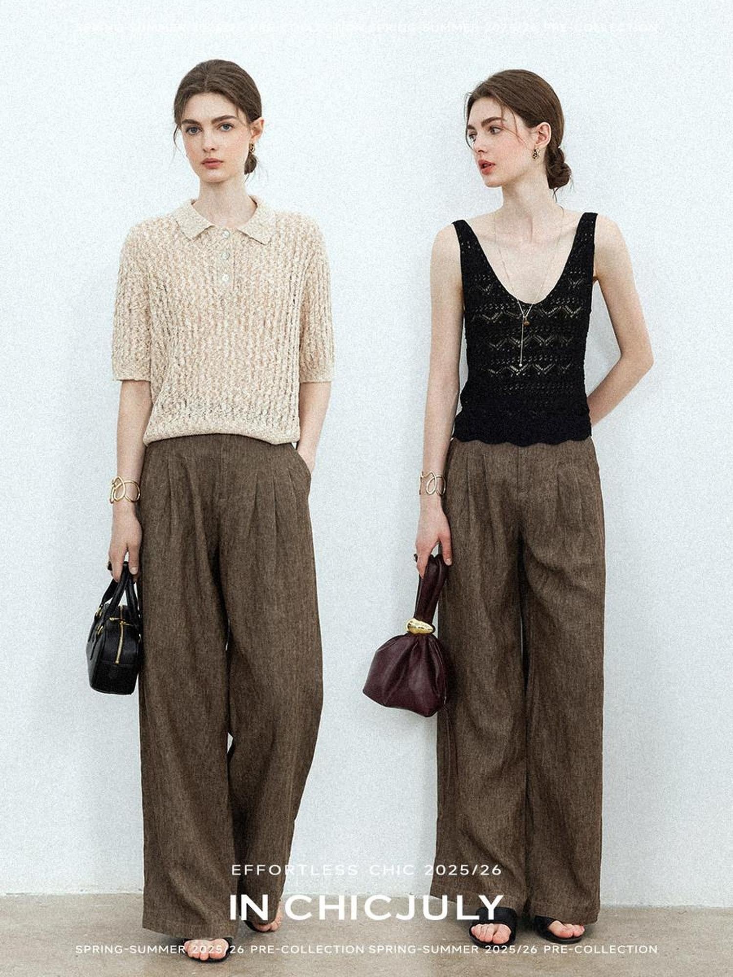 chicjuly Old Money Brown Draped Line Relaxed Women's Linen Hemp Blend Wide-leg Pants
