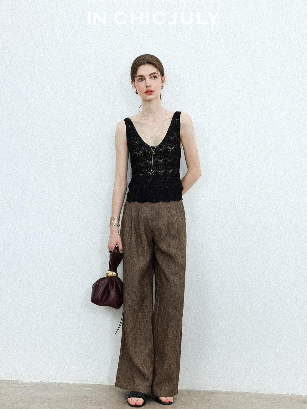 chicjuly Old Money Brown Draped Line Relaxed Women's Linen Hemp Blend Wide-leg Pants