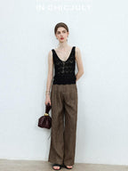 chicjuly Old Money Brown Draped Line Relaxed Women's Linen Hemp Blend Wide-leg Pants