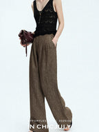 chicjuly Old Money Brown Draped Line Relaxed Women's Linen Hemp Blend Wide-leg Pants