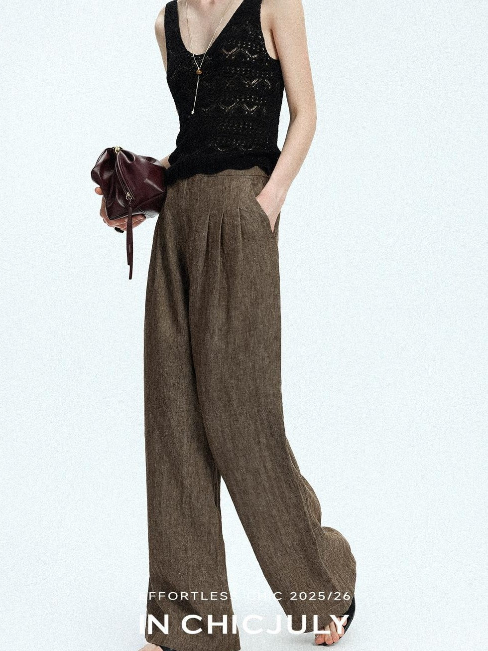 chicjuly Old Money Brown Draped Line Relaxed Women's Linen Hemp Blend Wide-leg Pants