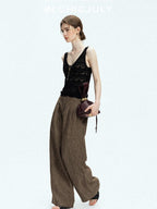 chicjuly Old Money Brown Draped Line Relaxed Women's Linen Hemp Blend Wide-leg Pants