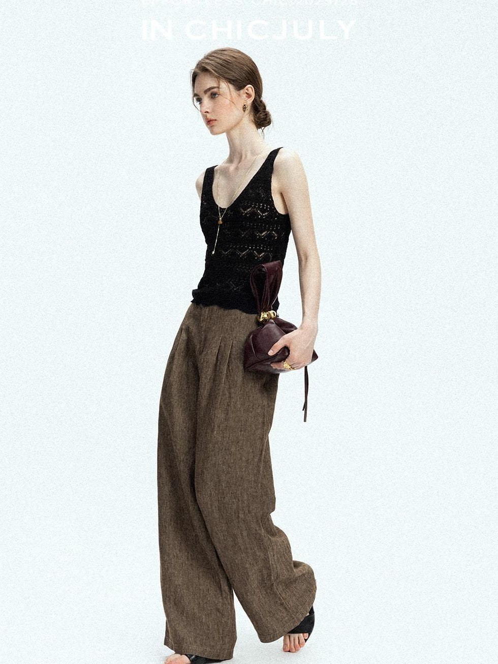 chicjuly Old Money Brown Draped Line Relaxed Women's Linen Hemp Blend Wide-leg Pants