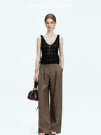 chicjuly Old Money Brown Draped Line Relaxed Women's Linen Hemp Blend Wide-leg Pants