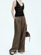 chicjuly Old Money Brown Draped Line Relaxed Women's Linen Hemp Blend Wide-leg Pants