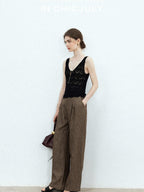 chicjuly Old Money Brown Draped Line Relaxed Women's Linen Hemp Blend Wide-leg Pants