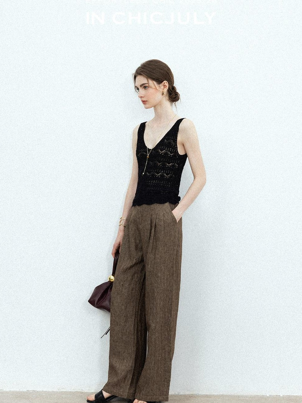 chicjuly Old Money Brown Draped Line Relaxed Women's Linen Hemp Blend Wide-leg Pants