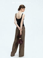chicjuly Old Money Brown Draped Line Relaxed Women's Linen Hemp Blend Wide-leg Pants