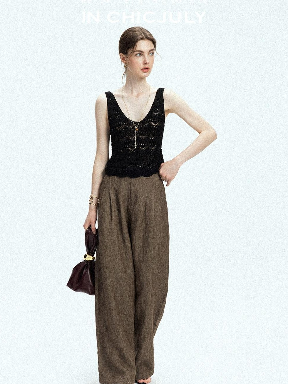 chicjuly Old Money Brown Draped Line Relaxed Women's Linen Hemp Blend Wide-leg Pants