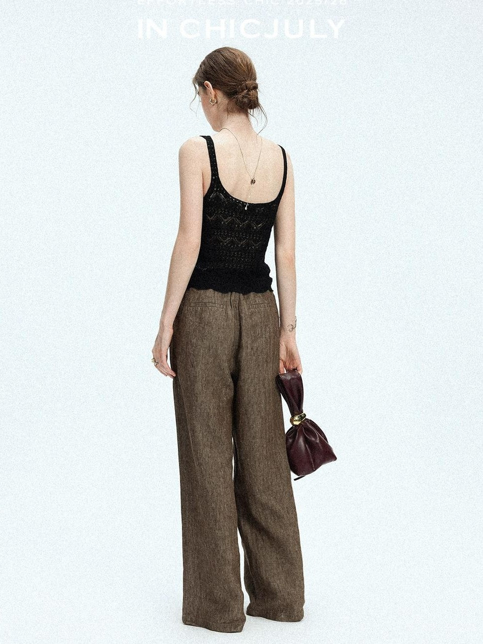 chicjuly Old Money Brown Draped Line Relaxed Women's Linen Hemp Blend Wide-leg Pants
