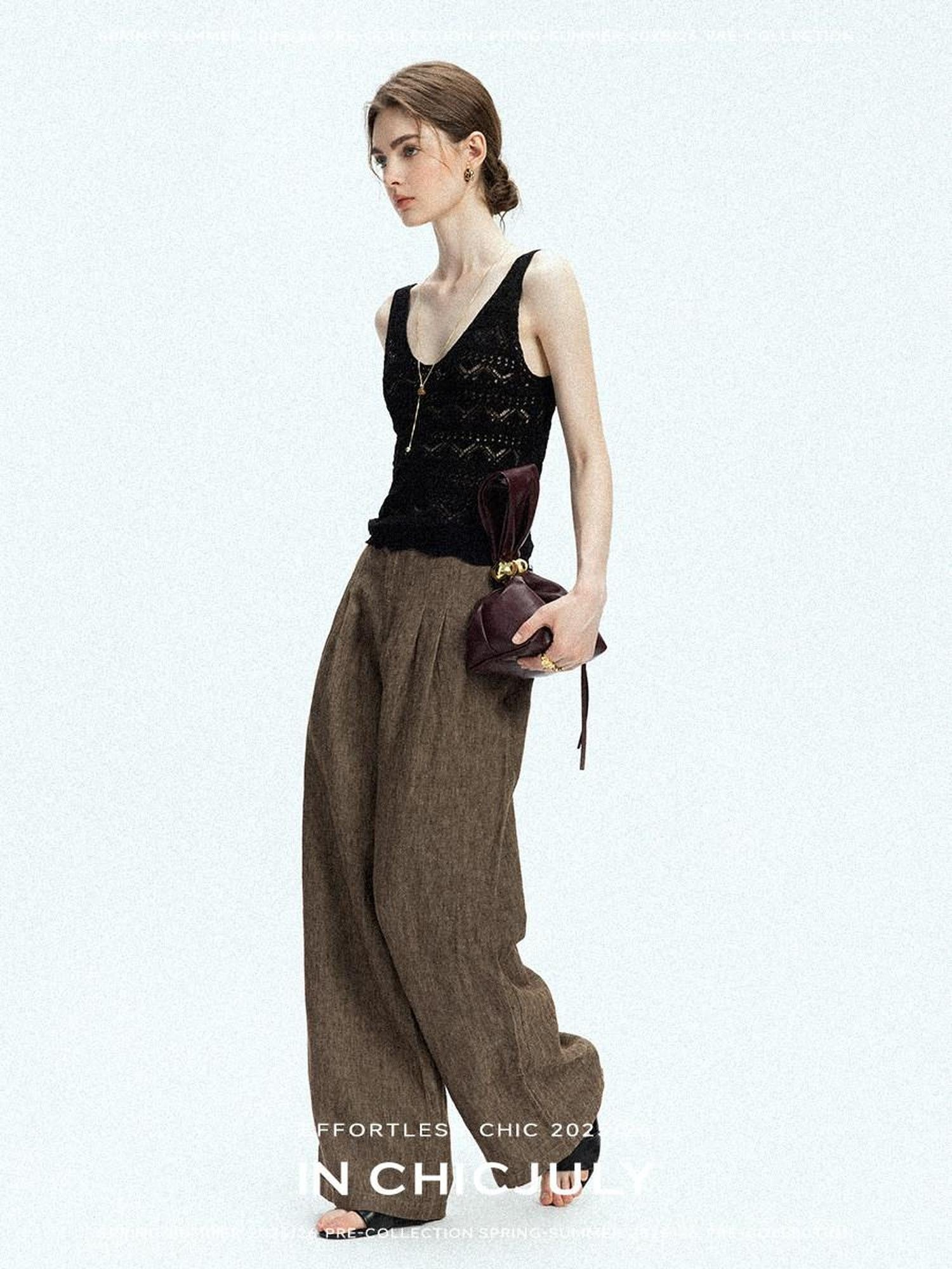 chicjuly Old Money Brown Draped Line Relaxed Women's Linen Hemp Blend Wide-leg Pants