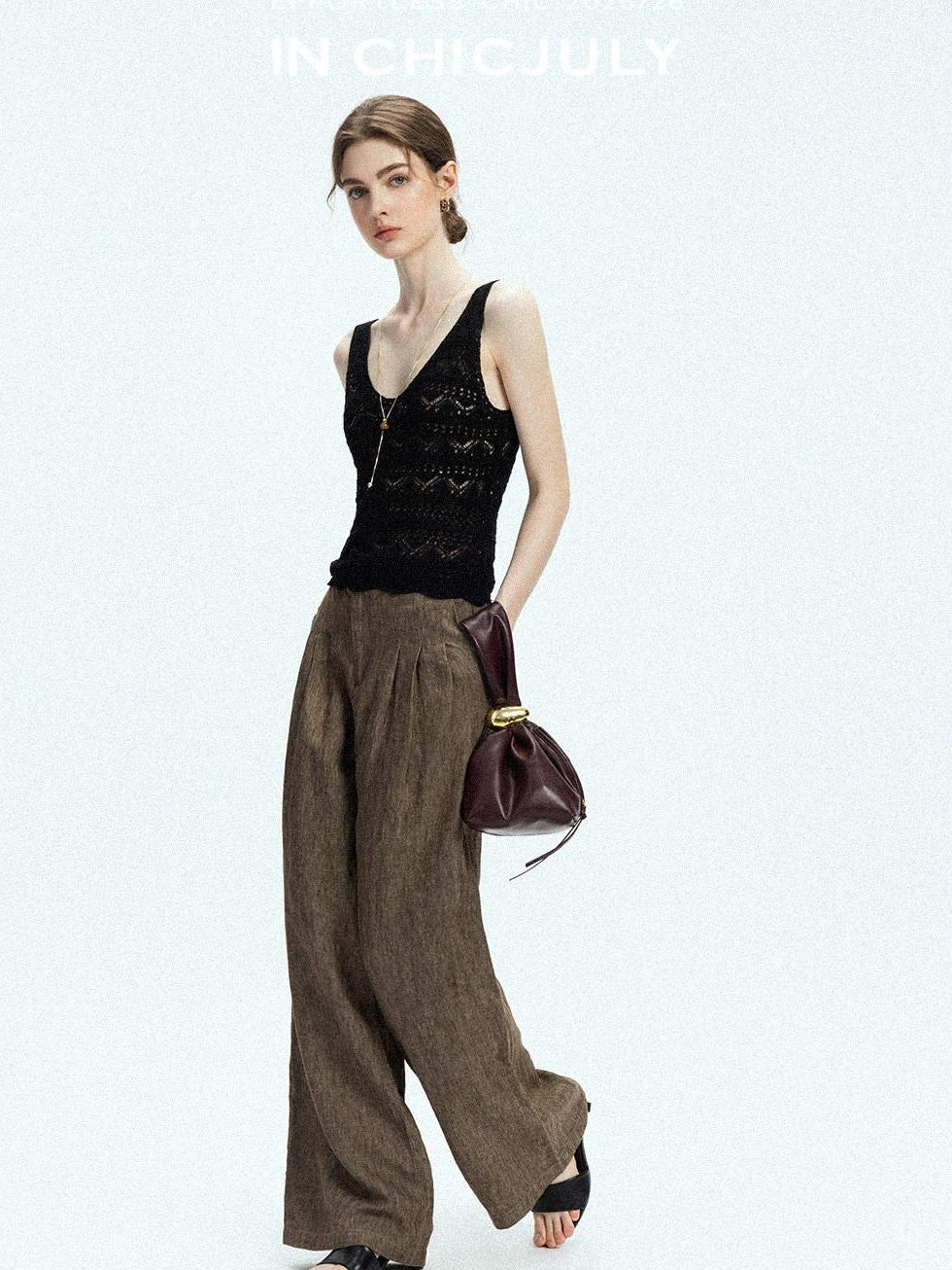 chicjuly Old Money Brown Draped Line Relaxed Women's Linen Hemp Blend Wide-leg Pants