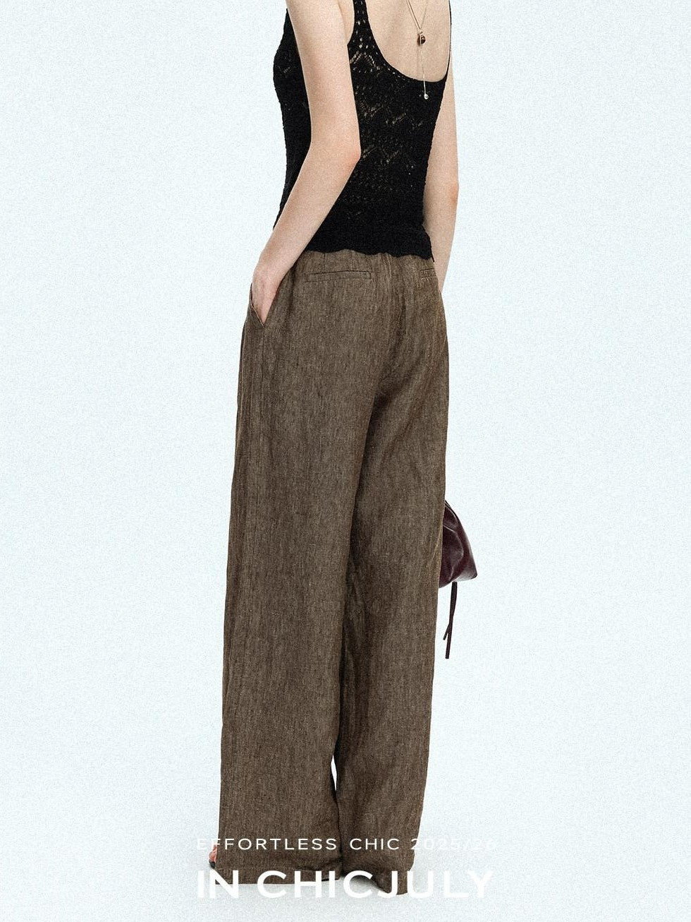 chicjuly Old Money Brown Draped Line Relaxed Women's Linen Hemp Blend Wide-leg Pants