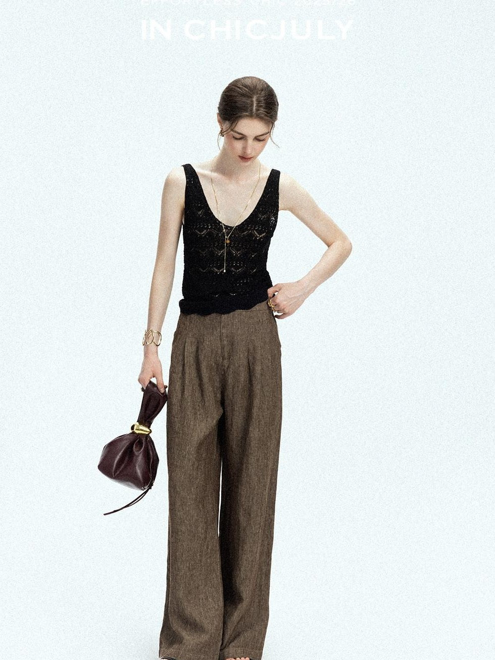 chicjuly Old Money Brown Draped Line Relaxed Women's Linen Hemp Blend Wide-leg Pants