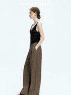 chicjuly Old Money Brown Draped Line Relaxed Women's Linen Hemp Blend Wide-leg Pants