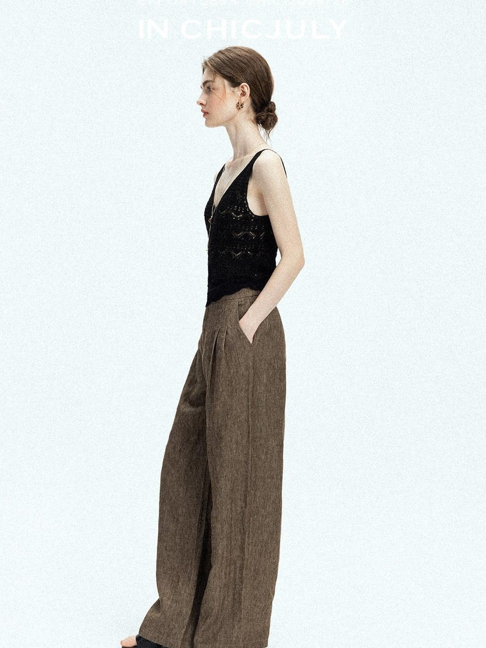 chicjuly Old Money Brown Draped Line Relaxed Women's Linen Hemp Blend Wide-leg Pants