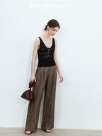 chicjuly Old Money Brown Draped Line Relaxed Women's Linen Hemp Blend Wide-leg Pants