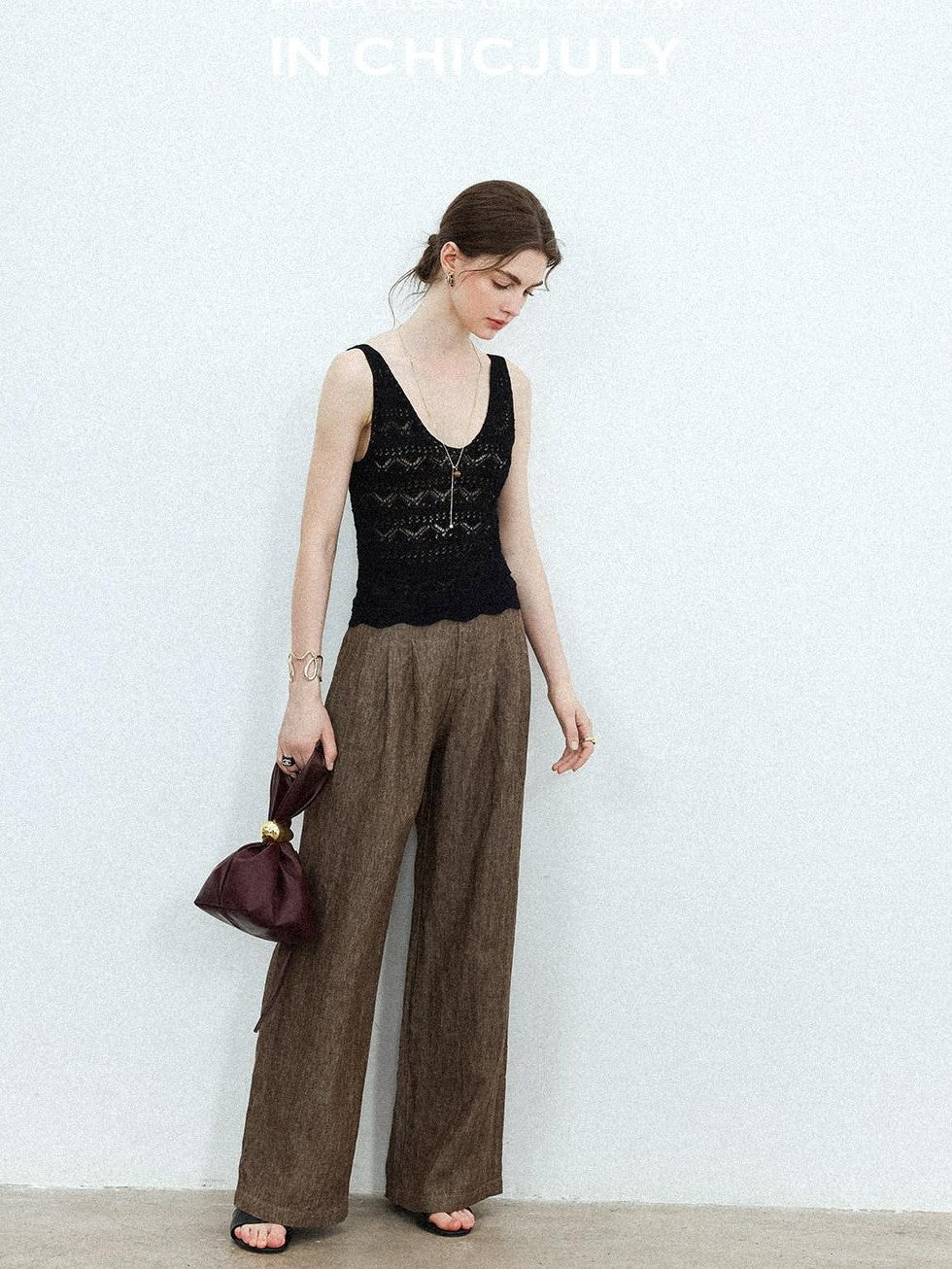 chicjuly Old Money Brown Draped Line Relaxed Women's Linen Hemp Blend Wide-leg Pants