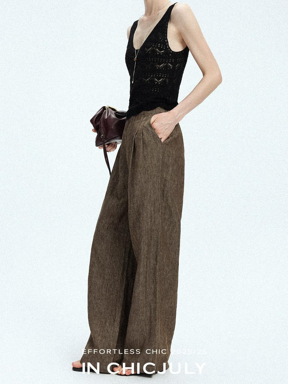 chicjuly Old Money Brown Draped Line Relaxed Women's Linen Hemp Blend Wide-leg Pants