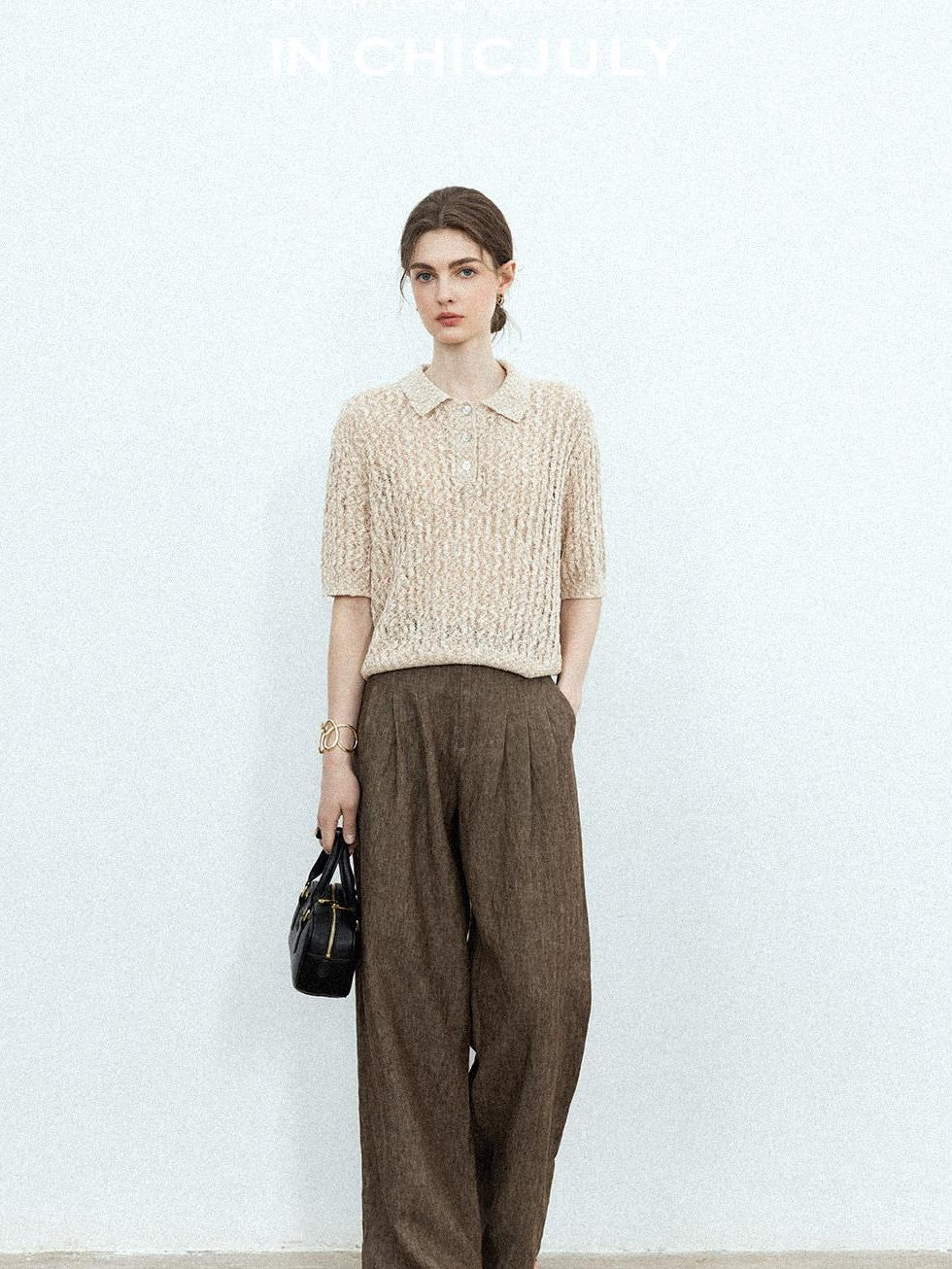 chicjuly Old Money Brown Draped Line Relaxed Women's Linen Hemp Blend Wide-leg Pants