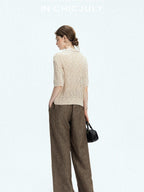 chicjuly Old Money Brown Draped Line Relaxed Women's Linen Hemp Blend Wide-leg Pants
