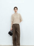 chicjuly Old Money Brown Draped Line Relaxed Women's Linen Hemp Blend Wide-leg Pants