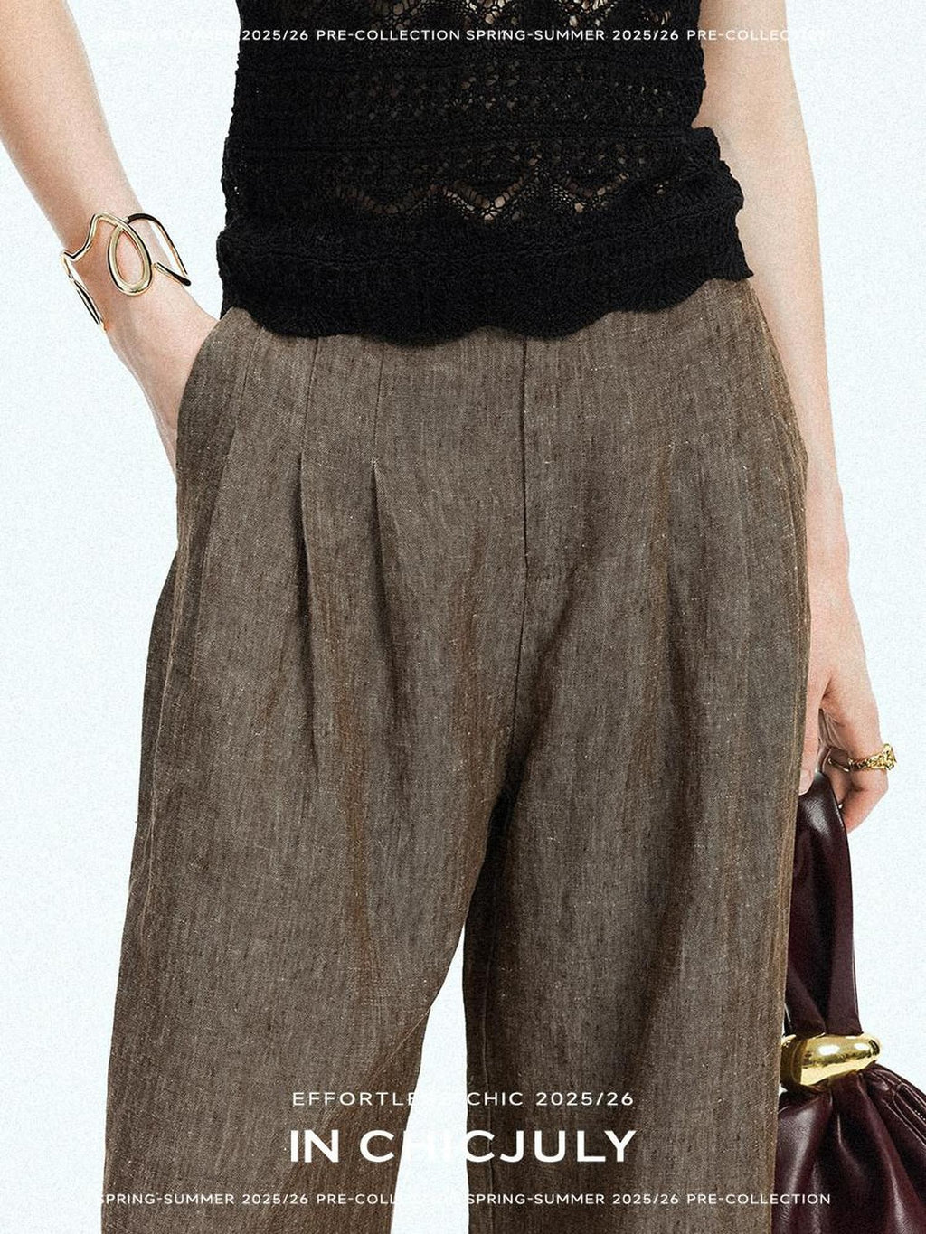 chicjuly Old Money Brown Draped Line Relaxed Women's Linen Hemp Blend Wide-leg Pants