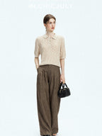 chicjuly Old Money Brown Draped Line Relaxed Women's Linen Hemp Blend Wide-leg Pants