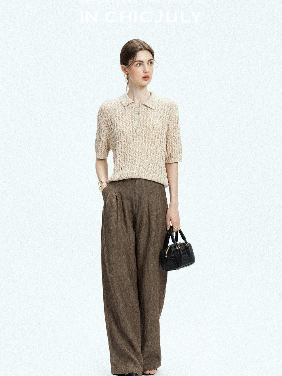 chicjuly Old Money Brown Draped Line Relaxed Women's Linen Hemp Blend Wide-leg Pants
