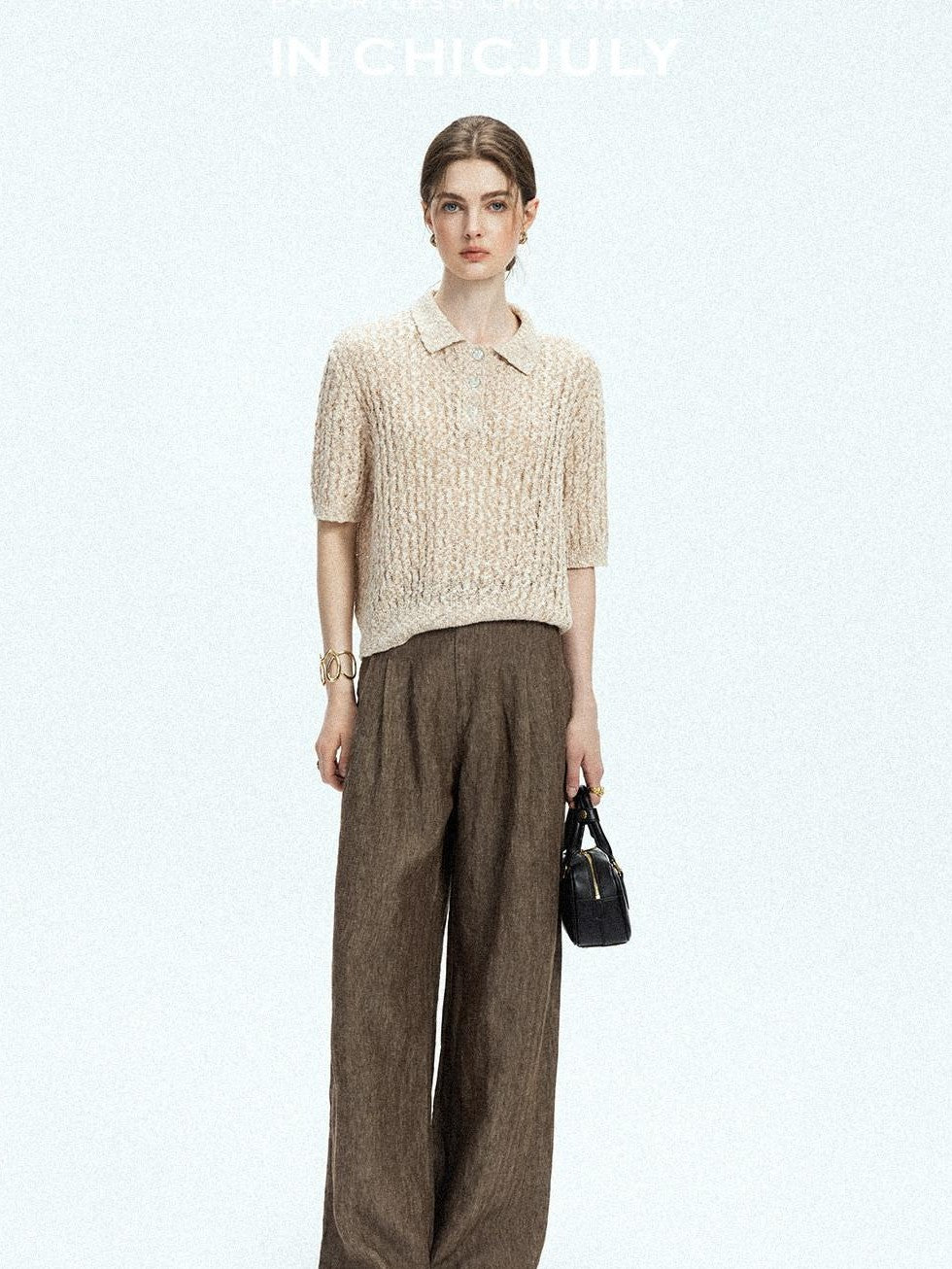 chicjuly Old Money Brown Draped Line Relaxed Women's Linen Hemp Blend Wide-leg Pants
