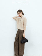 chicjuly Old Money Brown Draped Line Relaxed Women's Linen Hemp Blend Wide-leg Pants