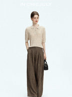 chicjuly Old Money Brown Draped Line Relaxed Women's Linen Hemp Blend Wide-leg Pants