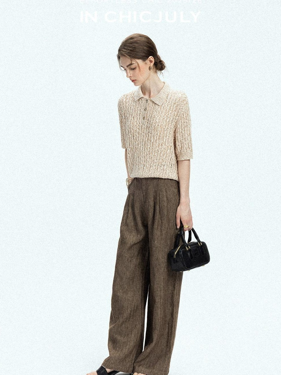 chicjuly Old Money Brown Draped Line Relaxed Women's Linen Hemp Blend Wide-leg Pants