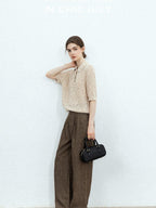 chicjuly Old Money Brown Draped Line Relaxed Women's Linen Hemp Blend Wide-leg Pants