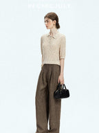 chicjuly Old Money Brown Draped Line Relaxed Women's Linen Hemp Blend Wide-leg Pants