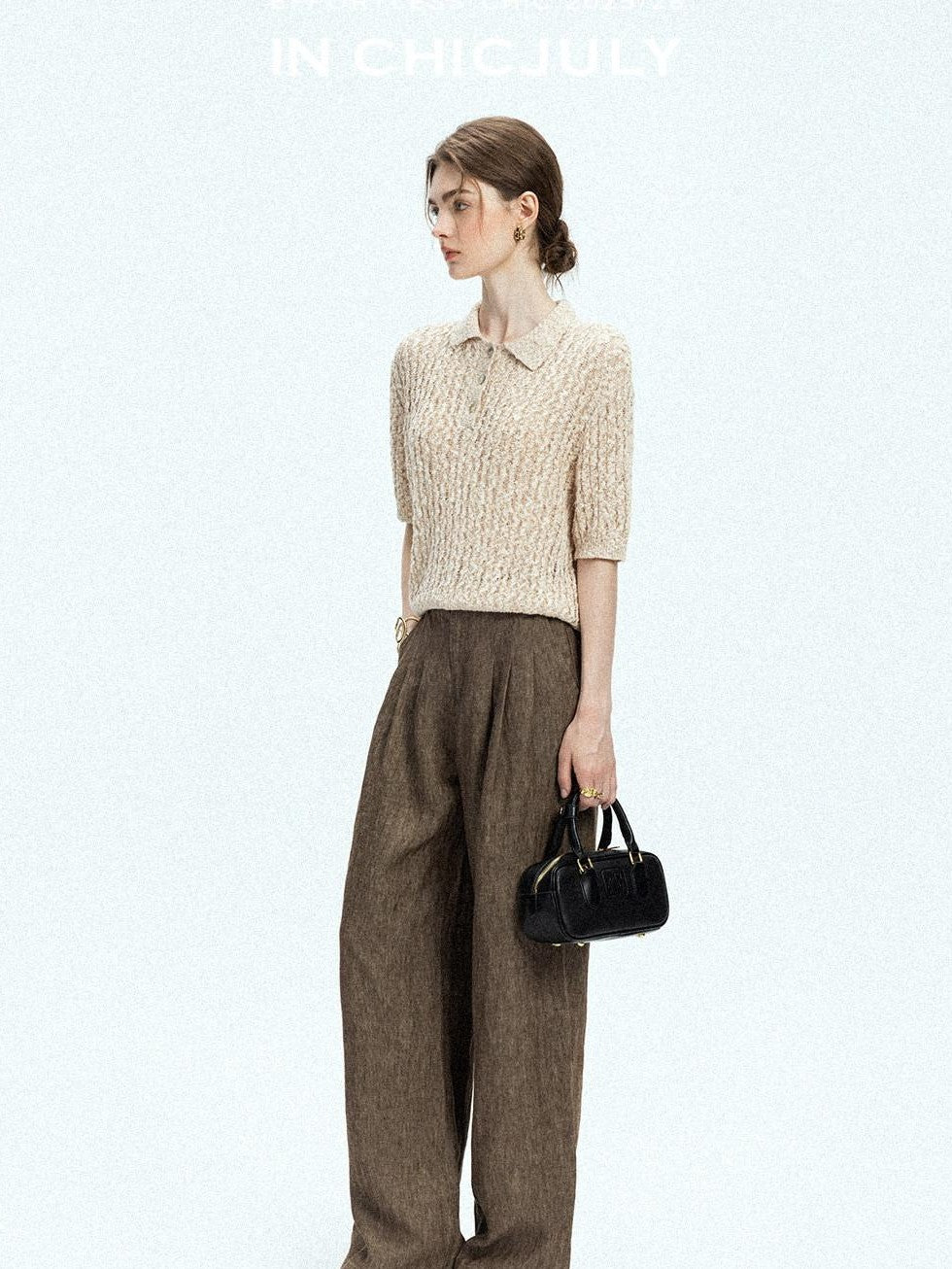 chicjuly Old Money Brown Draped Line Relaxed Women's Linen Hemp Blend Wide-leg Pants