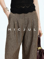 chicjuly Old Money Brown Draped Line Relaxed Women's Linen Hemp Blend Wide-leg Pants