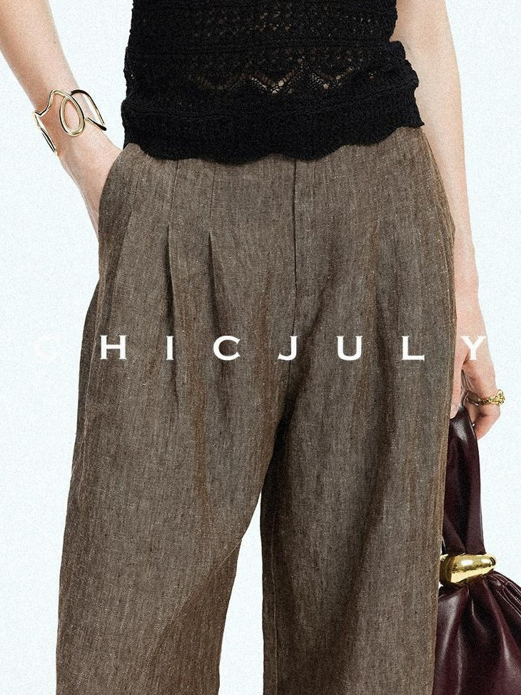 chicjuly Old Money Brown Draped Line Relaxed Women's Linen Hemp Blend Wide-leg Pants