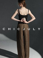 chicjuly Old Money Brown Draped Line Relaxed Women's Linen Hemp Blend Wide-leg Pants