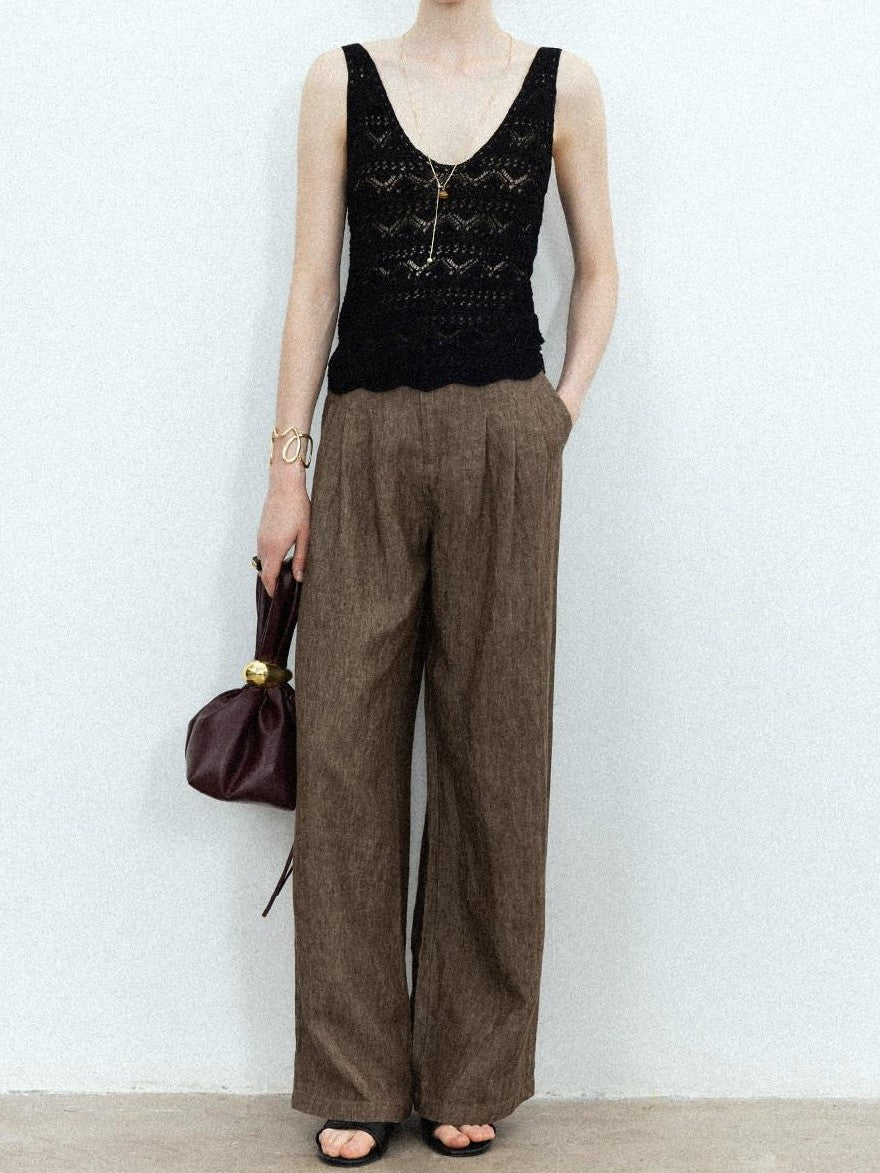 chicjuly Old Money Brown Draped Line Relaxed Women's Linen Hemp Blend Wide-leg Pants
