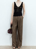 chicjuly Old Money Brown Draped Line Relaxed Women's Linen Hemp Blend Wide-leg Pants