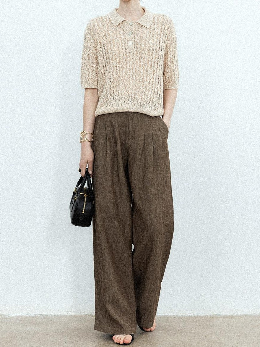 chicjuly Old Money Brown Draped Line Relaxed Women's Linen Hemp Blend Wide-leg Pants