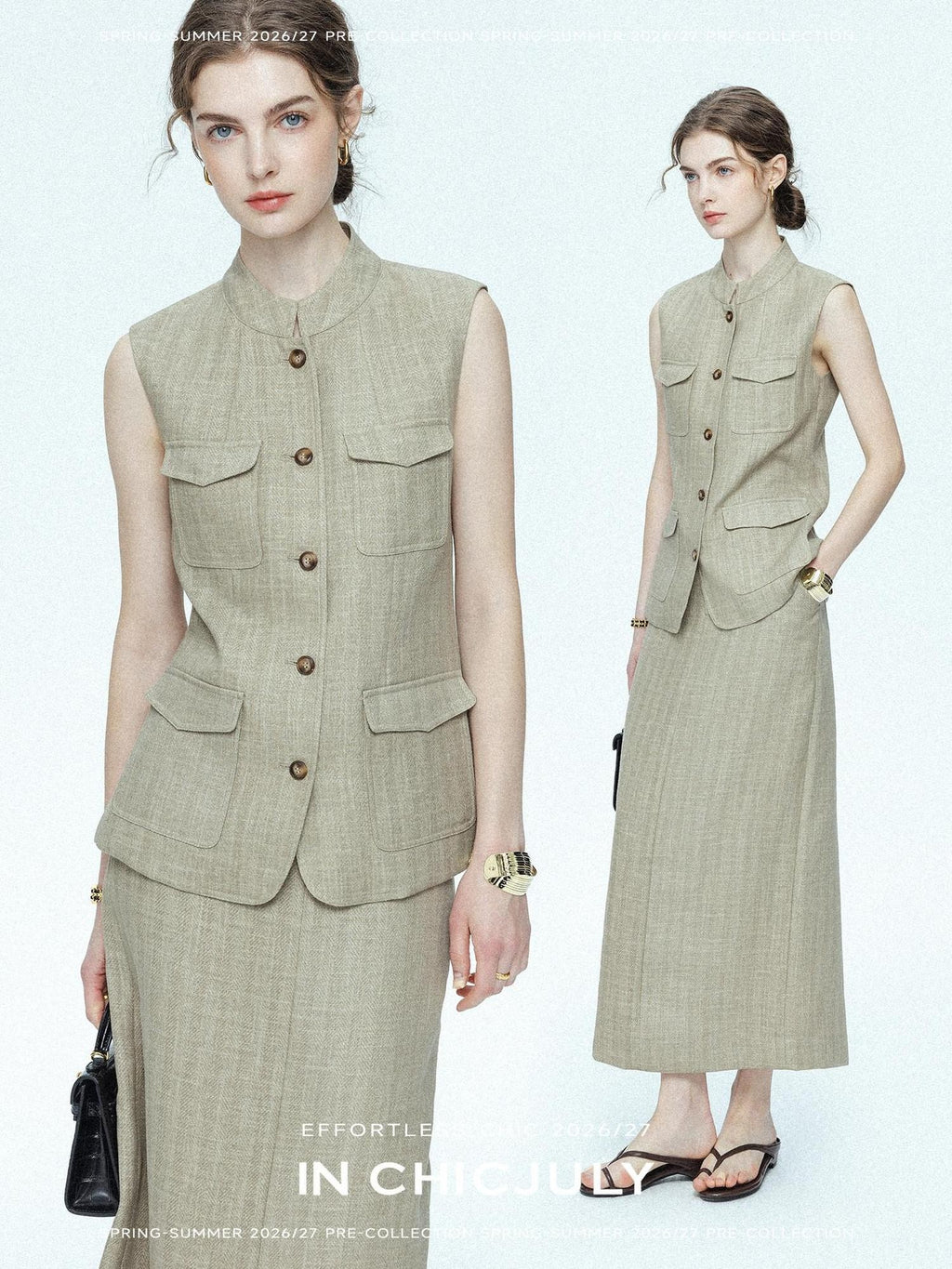 chicjuly Old Money Stand Collar Vest High Waist Skirt Women's Brown Skirt Suits