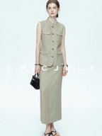 chicjuly Old Money Stand Collar Vest High Waist Skirt Women's Brown Skirt Suits