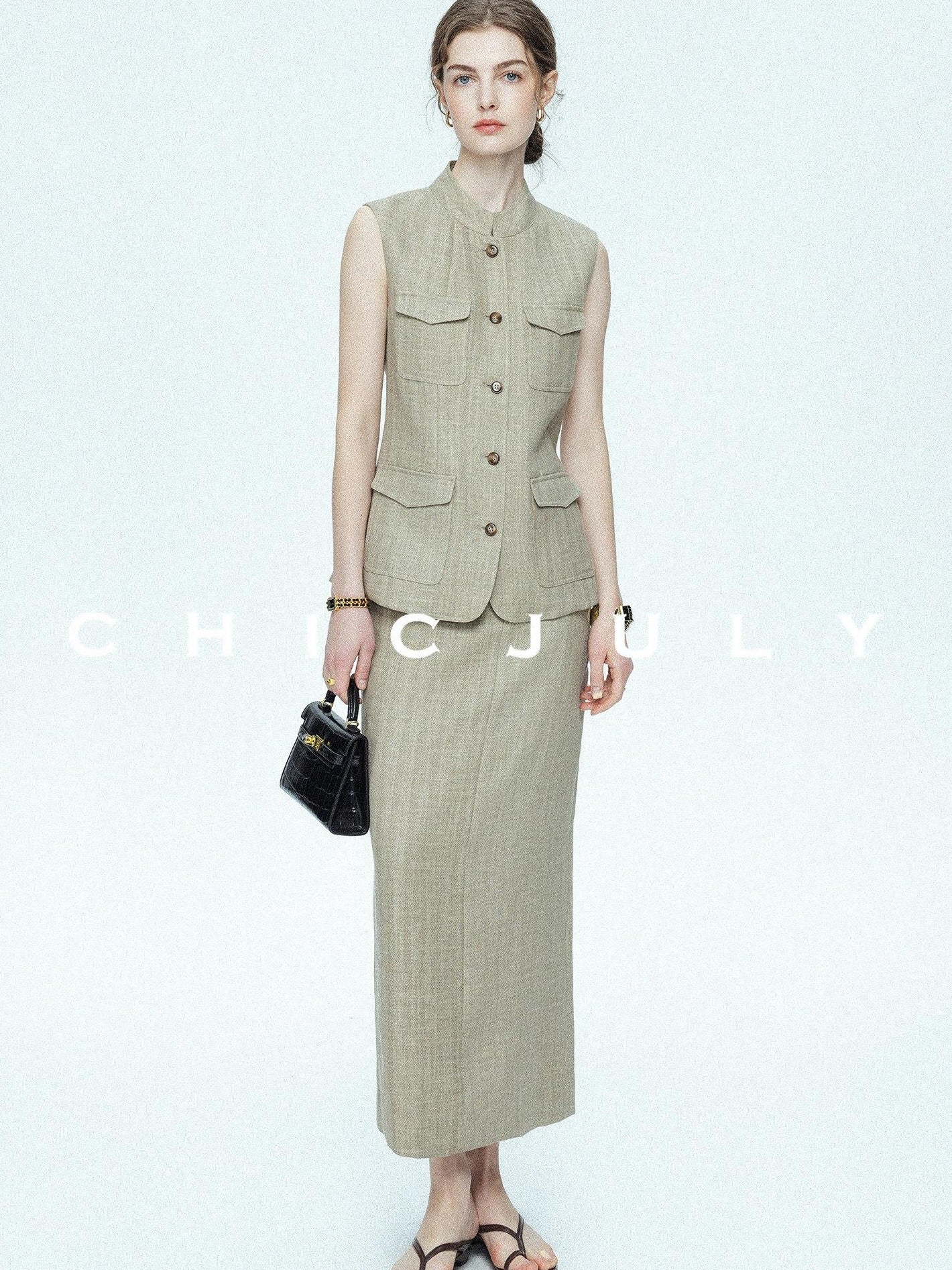chicjuly Old Money Stand Collar Vest High Waist Skirt Women's Brown Skirt Suits