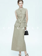 chicjuly Old Money Stand Collar Vest High Waist Skirt Women's Brown Skirt Suits
