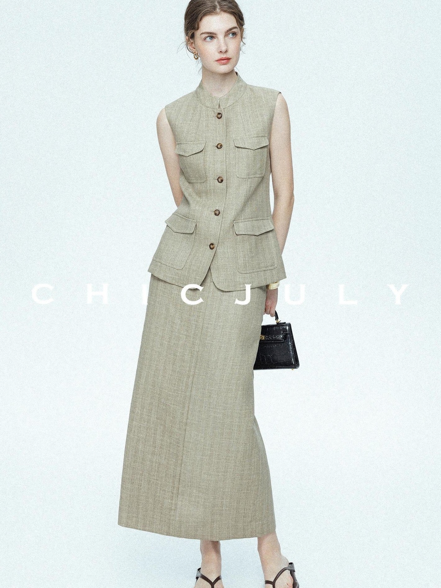 chicjuly Old Money Stand Collar Vest High Waist Skirt Women's Brown Skirt Suits