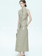 chicjuly Old Money Stand Collar Vest High Waist Skirt Women's Brown Skirt Suits