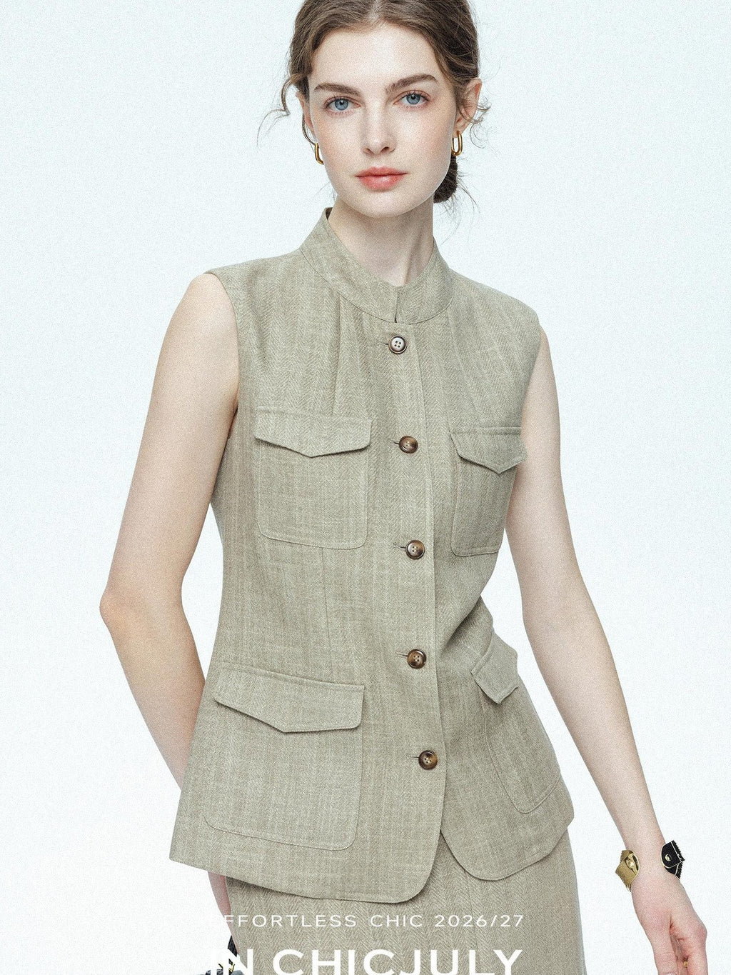 chicjuly Old Money Stand Collar Vest High Waist Skirt Women's Brown Skirt Suits