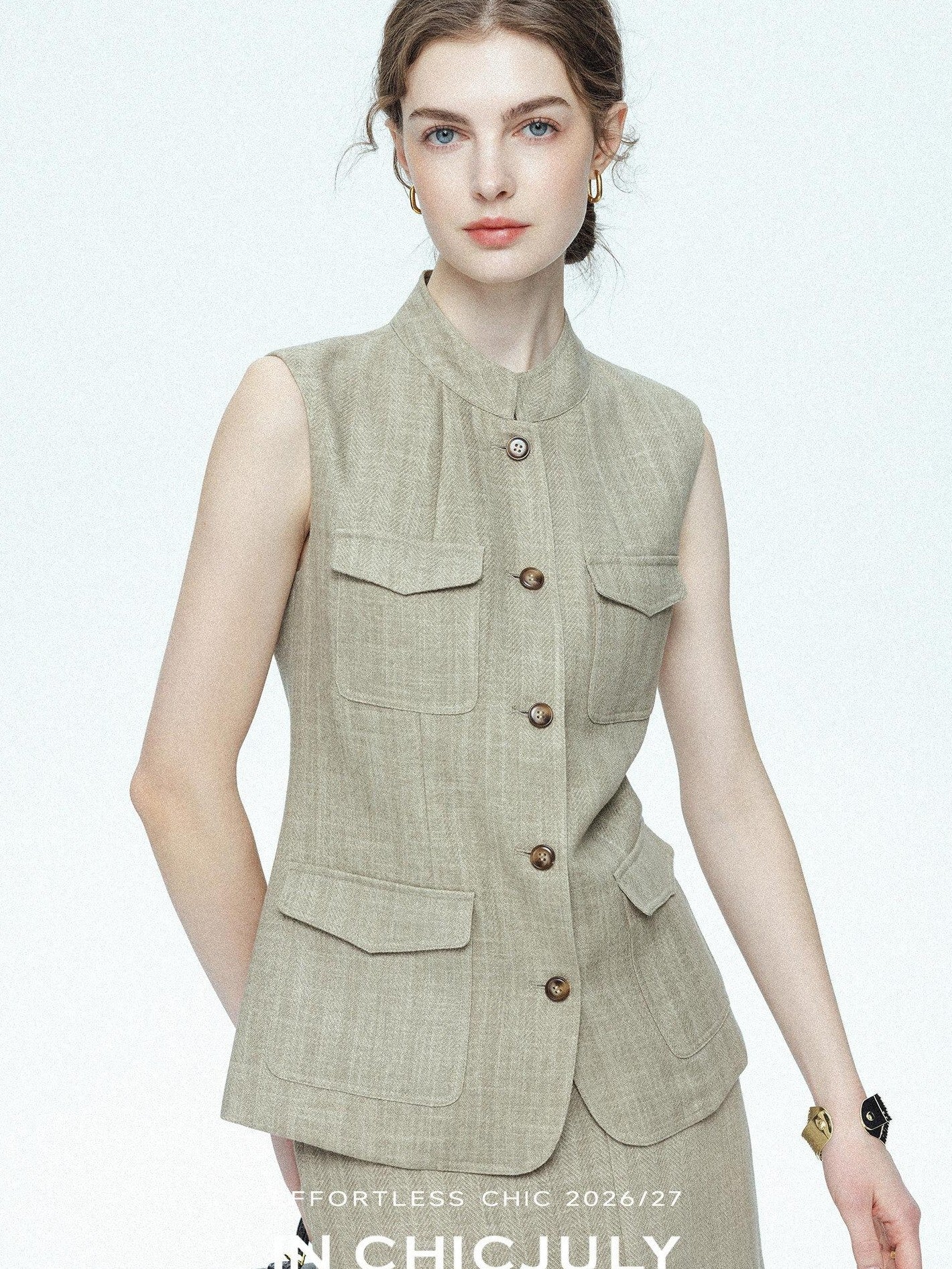 chicjuly Old Money Stand Collar Vest High Waist Skirt Women's Brown Skirt Suits